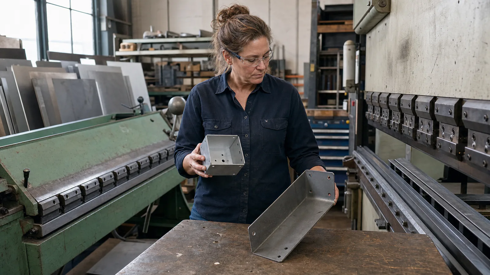 A shop owner compares formed sheet metal parts between a finger brake and a press brake.
