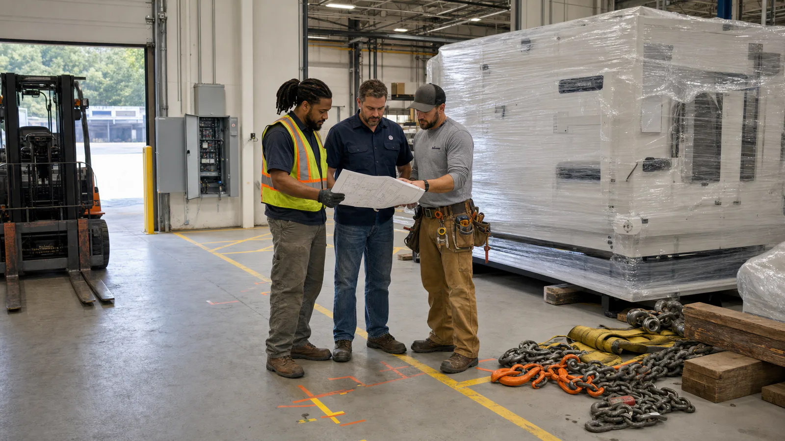 A rigger, electrician and shop supervisor review an installation plan beside wrapped machinery.