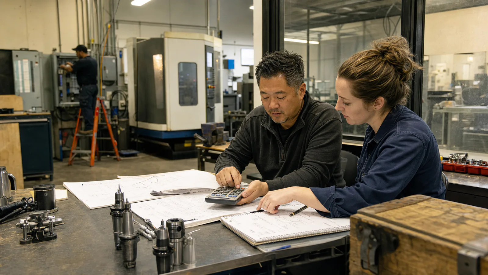Two manufacturing leaders review equipment costs, tooling and facility plans at a shop-floor desk.