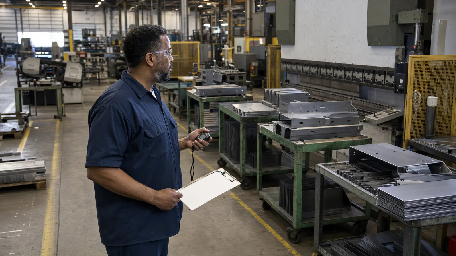 A production supervisor studies work-in-process carts queued at a metal-forming station.
