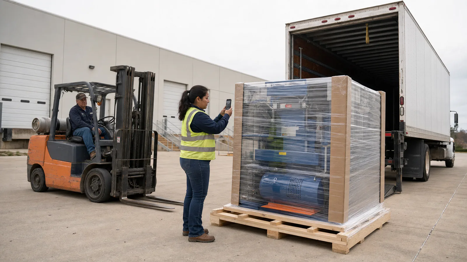 A receiving coordinator photographs wrapped industrial equipment before unloading at a shop.