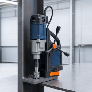 Magnetic drill mounted on a steel beam