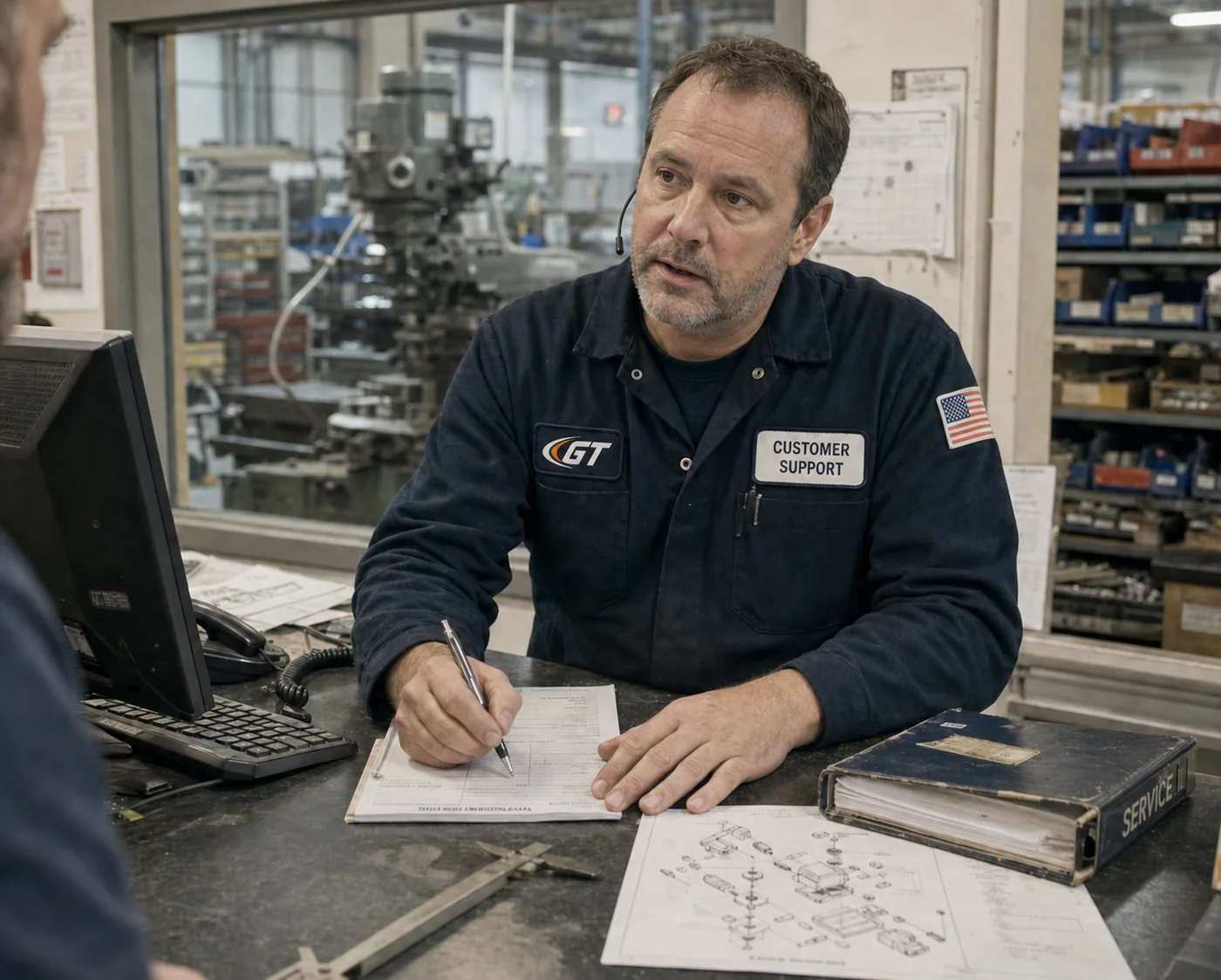 GT Machinery Solutions specialist discussing equipment financing information with a commercial buyer