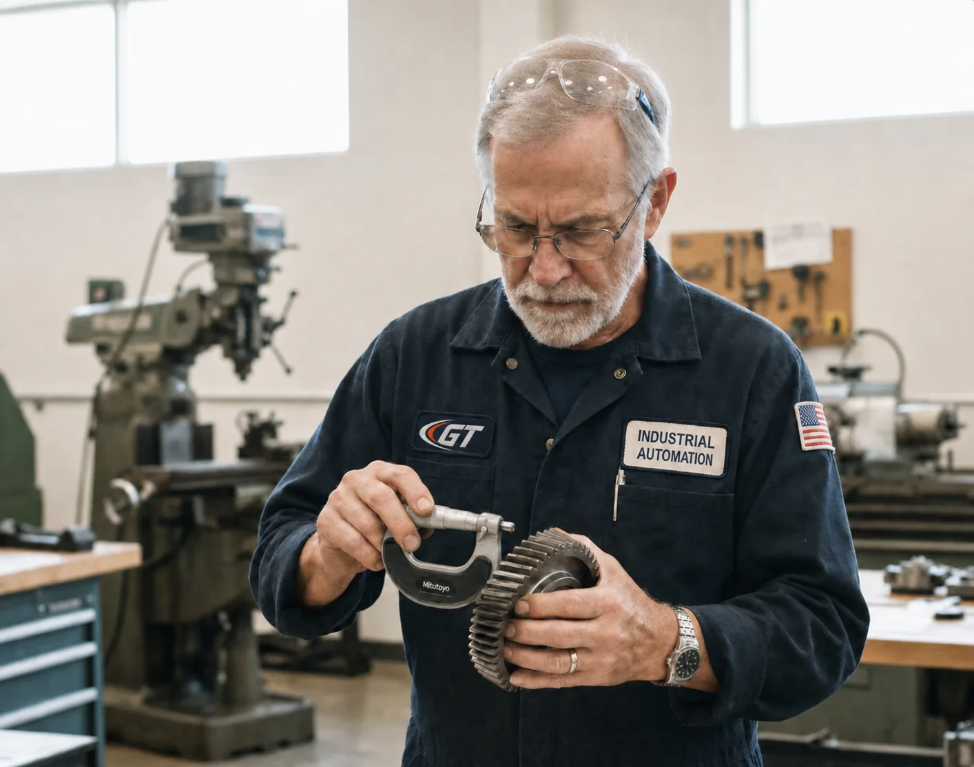 GT Machinery Solutions equipment specialists reviewing an industrial metalworking machine